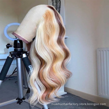 Straight 613 Blonde Highlight Brown Lace Frontal Wigs Glueless HD Transparent Full Pre Plucked Human Hair Wigs For Women